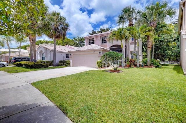 mediterranean / spanish-style home featuring a garage and a front yard