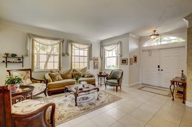 tiled dining space with crown molding