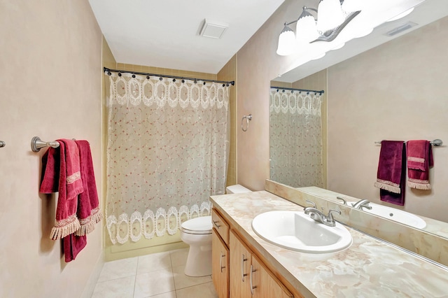 full bathroom featuring toilet, tile patterned flooring, shower / bath combination with curtain, and vanity