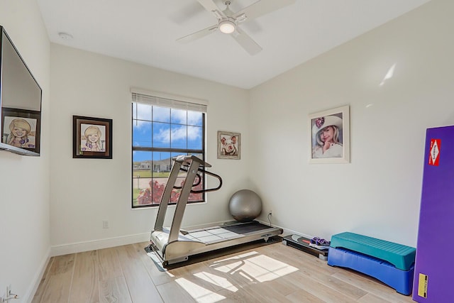 workout area with light hardwood / wood-style flooring and ceiling fan