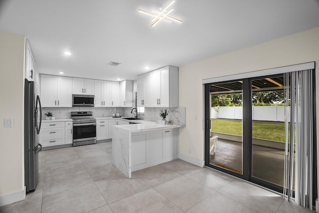 kitchen with appliances with stainless steel finishes, white cabinets, sink, kitchen peninsula, and backsplash