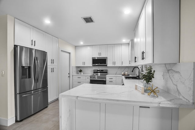 kitchen featuring kitchen peninsula, backsplash, white cabinets, and appliances with stainless steel finishes