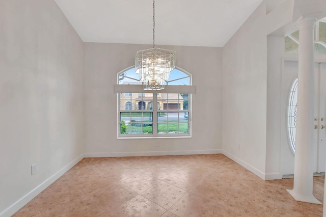 unfurnished dining area featuring a notable chandelier, light tile patterned floors, and lofted ceiling