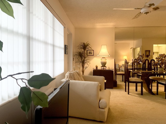 interior space featuring light carpet, ceiling fan, and a textured ceiling