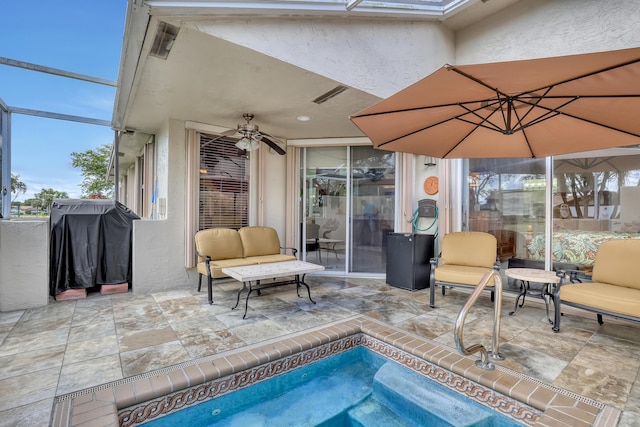 view of patio with grilling area, a lanai, an outdoor hangout area, and ceiling fan