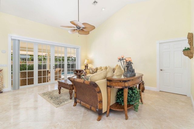 living room featuring high vaulted ceiling, french doors, and ceiling fan