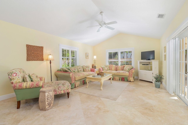 living room featuring lofted ceiling and ceiling fan