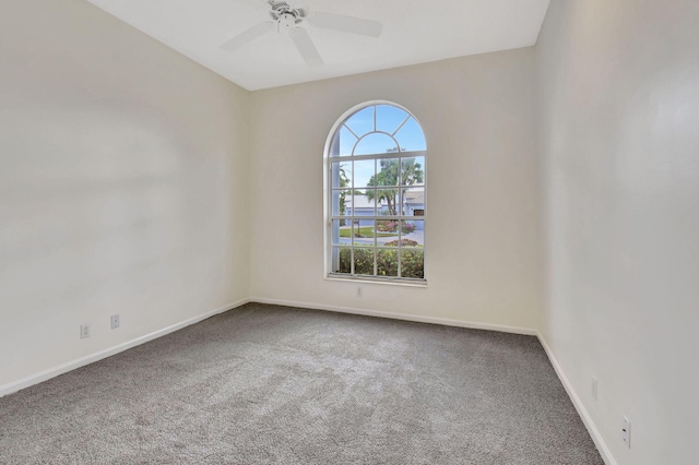 spare room with ceiling fan and carpet