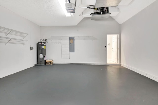 garage featuring a garage door opener, electric panel, and water heater