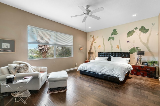 bedroom featuring ceiling fan and dark hardwood / wood-style flooring