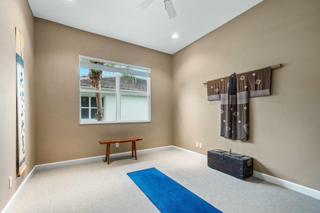 workout room featuring recessed lighting, ceiling fan, baseboards, and light colored carpet