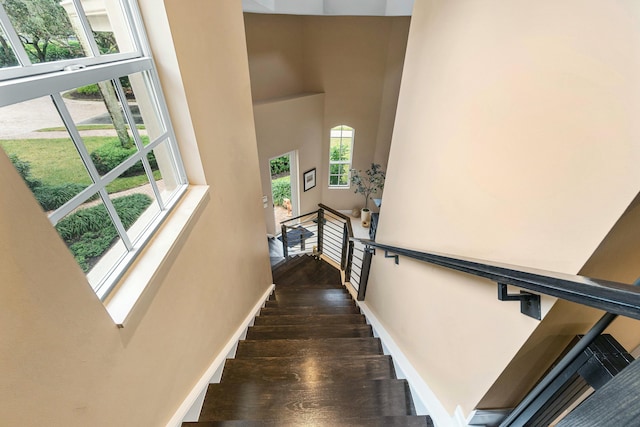 staircase featuring hardwood / wood-style flooring and a towering ceiling