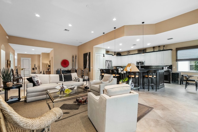 living room featuring wine cooler