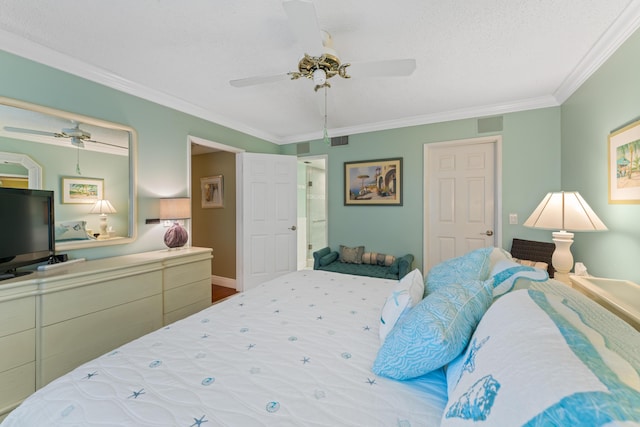 bedroom featuring a textured ceiling, ceiling fan, and ornamental molding