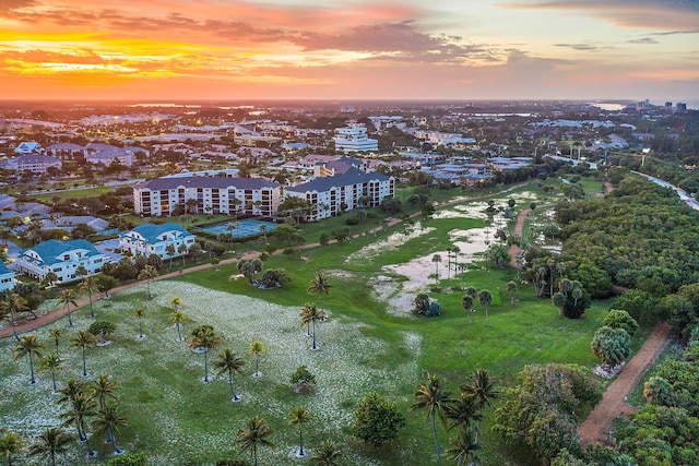 view of aerial view at dusk