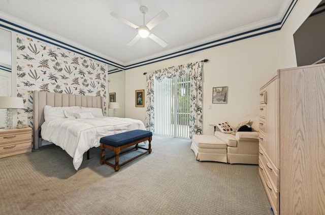 bedroom with crown molding, access to outside, ceiling fan, and carpet