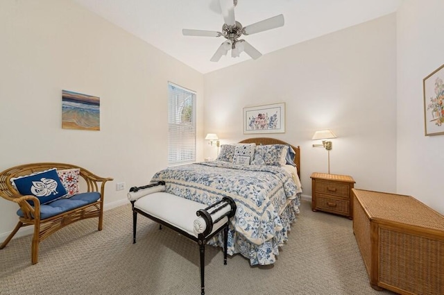 bedroom with light colored carpet and ceiling fan