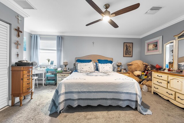 bedroom with crown molding, carpet, and ceiling fan