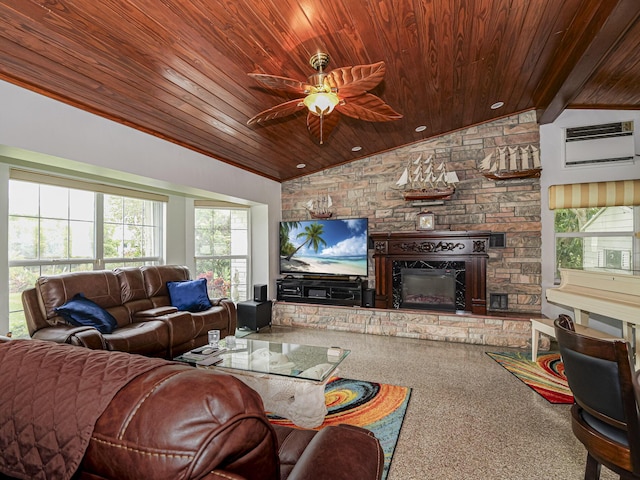 carpeted living room featuring lofted ceiling, ceiling fan, a stone fireplace, wood ceiling, and an AC wall unit