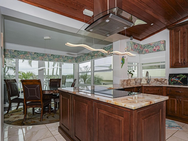 kitchen featuring sink, light stone countertops, island exhaust hood, black electric cooktop, and wooden ceiling