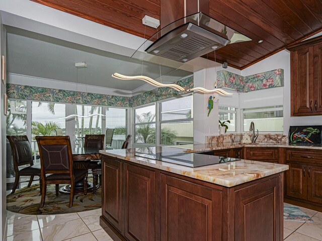 kitchen with sink, appliances with stainless steel finishes, light stone countertops, vaulted ceiling, and wooden ceiling