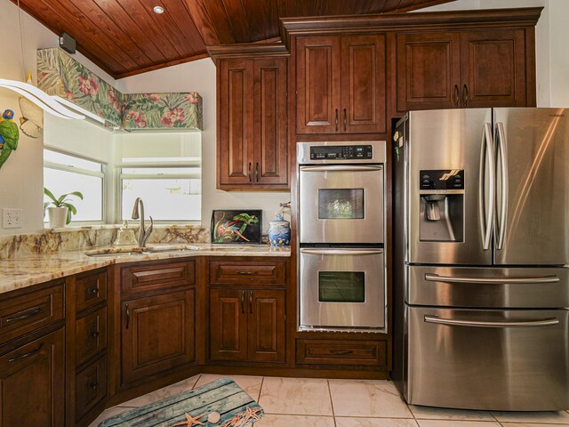 misc room featuring vaulted ceiling, a wall mounted air conditioner, and wooden ceiling