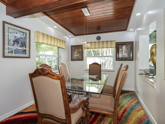 dining space featuring wood ceiling and plenty of natural light