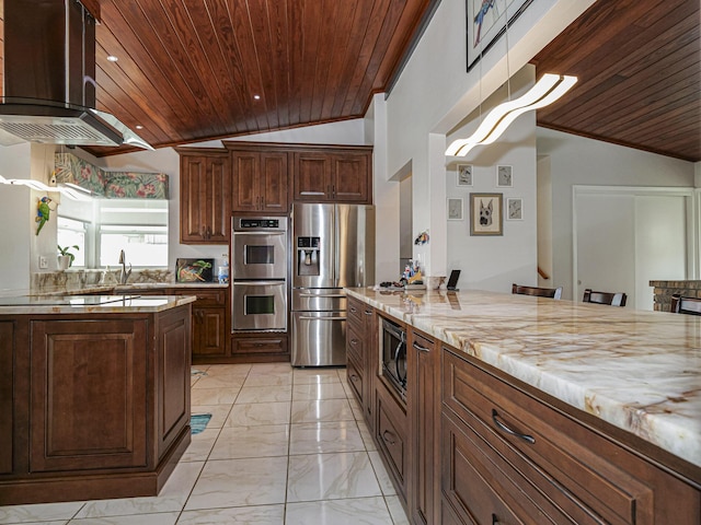 kitchen featuring wooden ceiling, stainless steel appliances, vaulted ceiling, marble finish floor, and crown molding