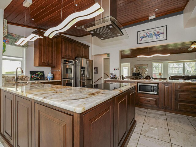 kitchen featuring sink, plenty of natural light, extractor fan, black appliances, and wooden ceiling