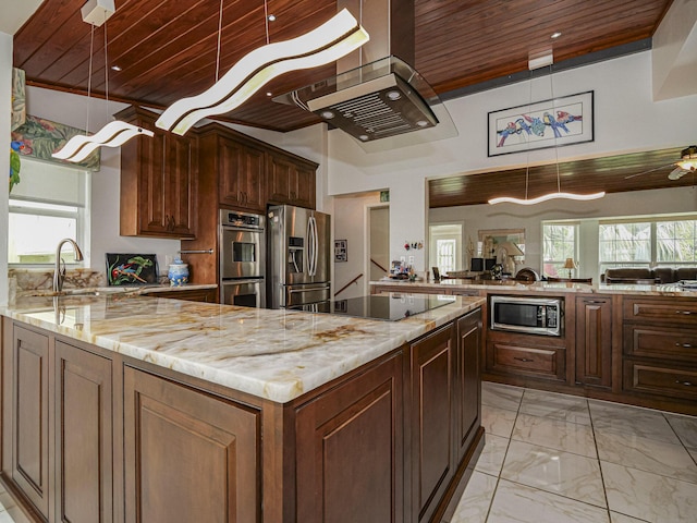 kitchen with a peninsula, marble finish floor, wood ceiling, and stainless steel appliances