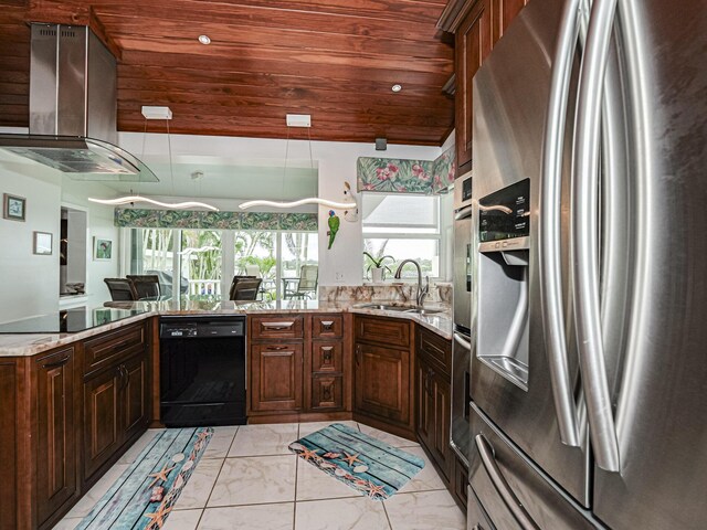 kitchen featuring stainless steel appliances, dark brown cabinetry, island range hood, wooden ceiling, and beverage cooler