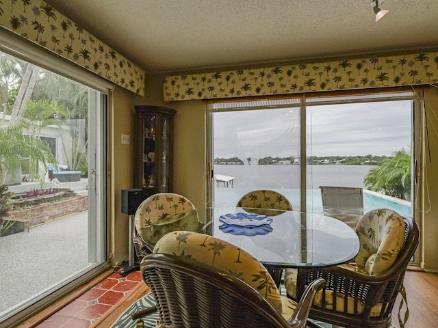 dining space featuring a wealth of natural light, a water view, a textured ceiling, and wood finished floors