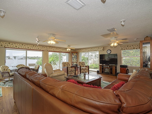 living room featuring a water view, light hardwood / wood-style floors, and a textured ceiling