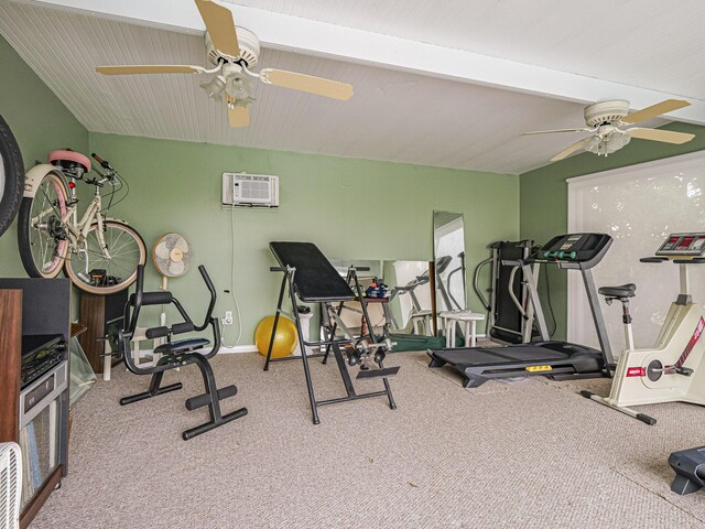 exercise room with ceiling fan and light colored carpet