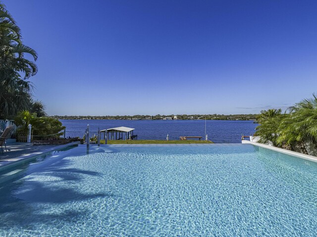 view of swimming pool with a water view