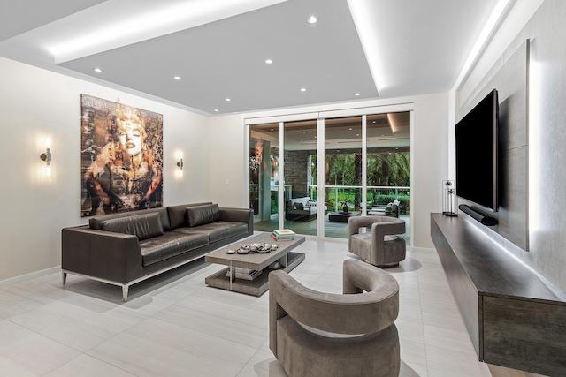 tiled living room featuring a wall of windows