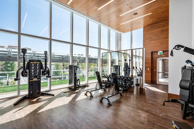 exercise room featuring expansive windows, a towering ceiling, a wealth of natural light, and wooden ceiling