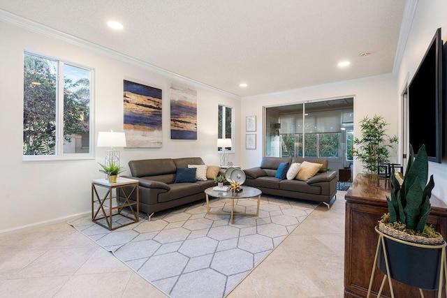 tiled living room featuring ornamental molding