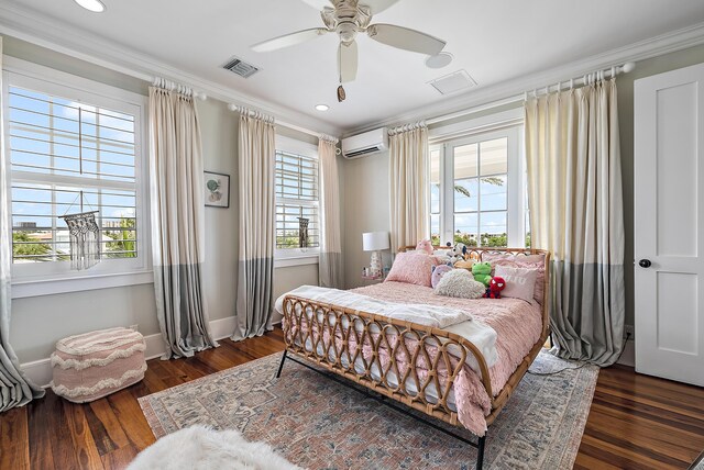 bedroom featuring dark hardwood / wood-style floors and ornamental molding