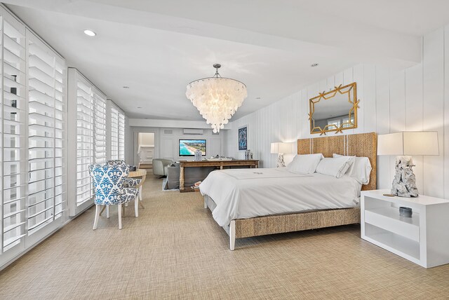 bedroom with ceiling fan, a wall mounted AC, crown molding, and dark hardwood / wood-style flooring