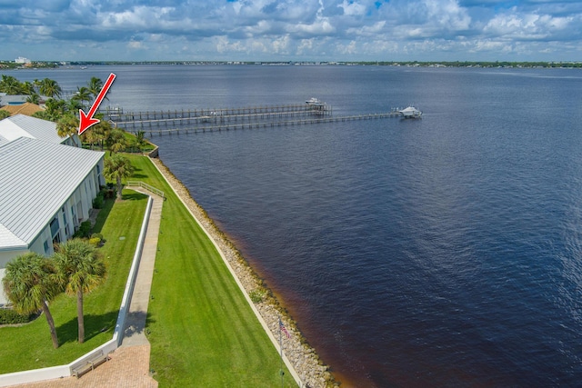 aerial view featuring a water view