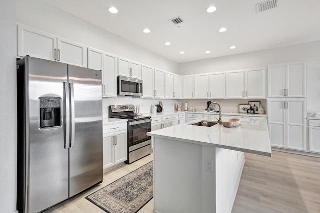 kitchen featuring a kitchen island with sink, sink, stainless steel appliances, and white cabinetry