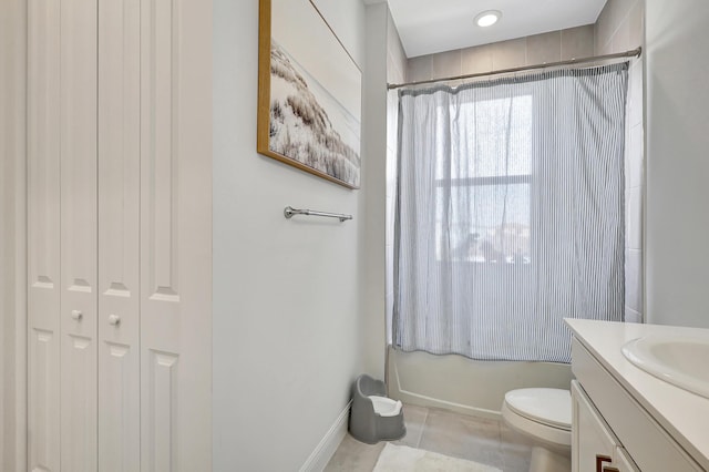 full bathroom with toilet, vanity, tile patterned floors, and shower / bath combination with curtain