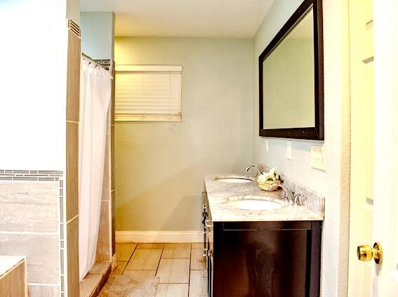 bathroom featuring tile patterned flooring, vanity, and curtained shower