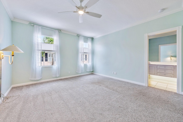 spare room with crown molding, carpet, a wealth of natural light, and a textured ceiling