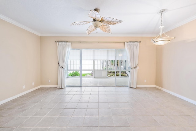 unfurnished room featuring light tile patterned floors, ornamental molding, and ceiling fan