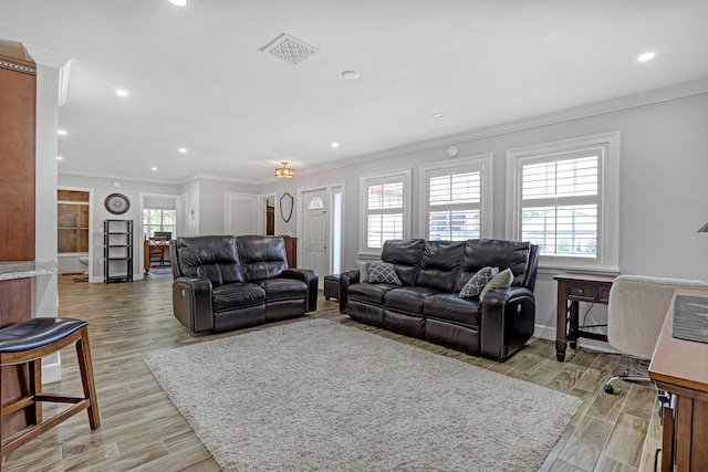 living room with ornamental molding