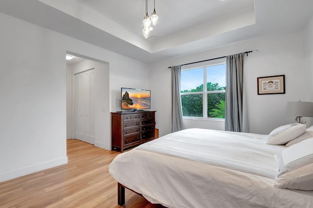 bedroom with baseboards, a tray ceiling, a closet, and light wood-style floors