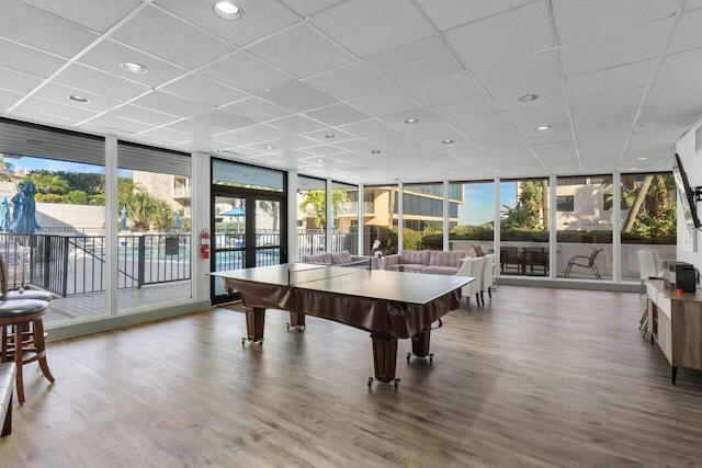 recreation room featuring floor to ceiling windows, wood-type flooring, and a healthy amount of sunlight