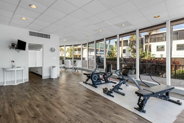 exercise room with expansive windows, dark wood-type flooring, and a drop ceiling